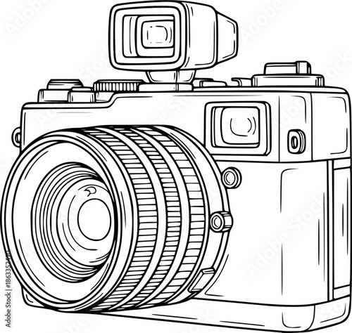 line drawing Photo camera linear style. Black image isolated on white background. Hand drawn minimalism style vector illustration doodle style
