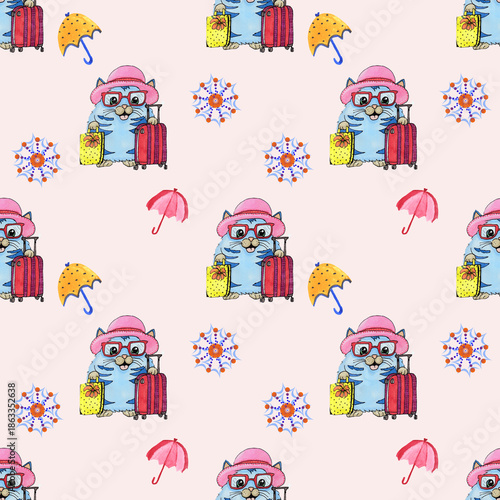 Pattern con graziosi castori con valigie e ombrellini su sfondo rosa