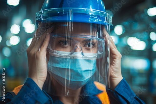 A focused worker wears a blue hard hat, adjusts a clear face shield, safety glasses, and a medical mask for workplace protection.