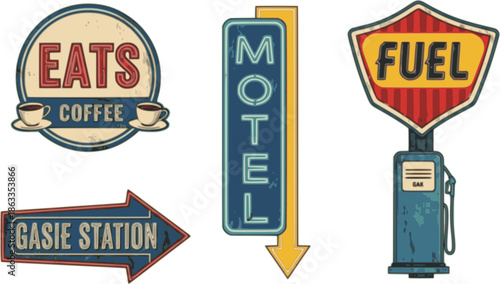 Classic American Signboards – Retro Vintage Style Vector Set with Old-School Typography, Roadside Signs, Cafe, Motel, and Gas Station Designs
