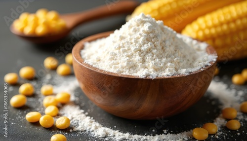 Wooden bowl holds white cornstarch powder with scattered yellow corn kernels and maize cobs nearby. A wooden spoon contains more corn kernels, set against a dark surface. © Vadym