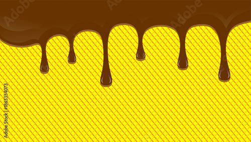 Abstract Wavy Choco Drip. Hot chocolate drip illustration. Melting chocolate on waffle background. Drippy ice cream vector design. Wavy choco melt border. Brown chocolate drips illustration.