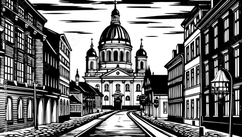 Very beautiful panoramic evening view of Kanavaranta Street with Uspenski Cathedral, blending historic architecture and modern city life in Helsinki, Finland.