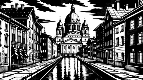 Very beautiful panoramic evening view of Kanavaranta Street with Uspenski Cathedral, blending historic architecture and modern city life in Helsinki, Finland.