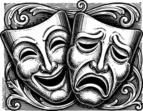 Theater or theatre drama comedy and tragedy masks in a vintage woodcut etching style
