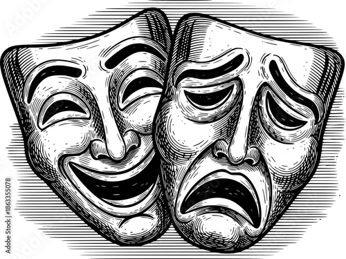 Theater or theatre drama comedy and tragedy masks in a vintage woodcut etching style

