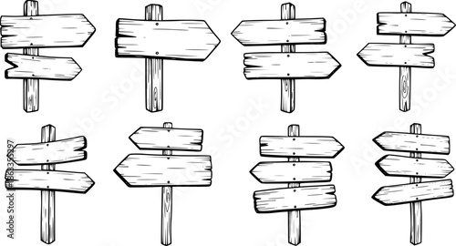Hand drawn road sign. Doodle wooden signpost, sketch street direction pointer. Blank signboard with arrow vector isolates set
