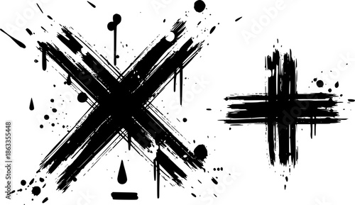 Vector multiplication and cross ink brush stroke icon, punctuation X vector grunge and symbol, plus, symbol, cross sign. Grunge vector illustrations
