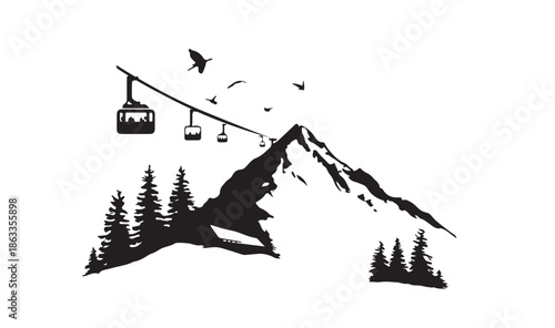 Landscape mountains. Sketch of ski resort. 
