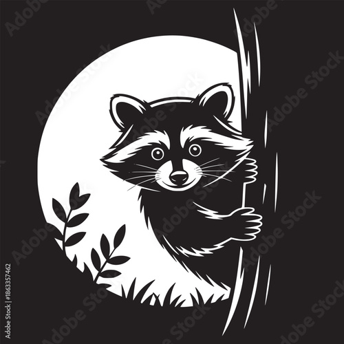 A black and white illustration of a raccoon clinging to a tree with a moon in the background art design