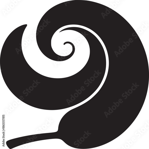 A black and white illustration of a spiral shape with a stem on a white background design art
