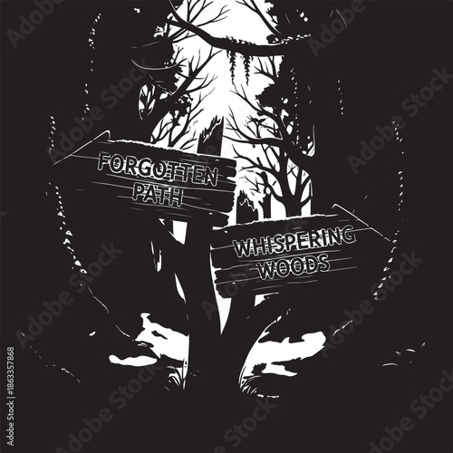 Forgotten Path and Whispering Woods wooden signs in a dark forest, black and white silhouette illustration for fantasy storytelling and adventure themes