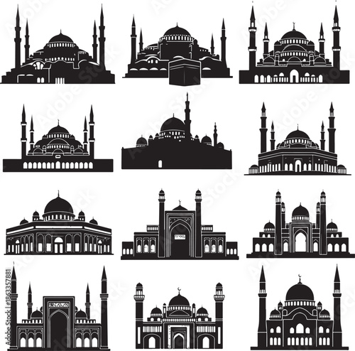 Set of twelve diverse mosque silhouettes, architectural collection of Islamic prayer houses for religious and cultural design projects