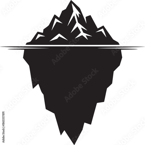 A black and white graphic illustration of an iceberg with a thin line representing the water level