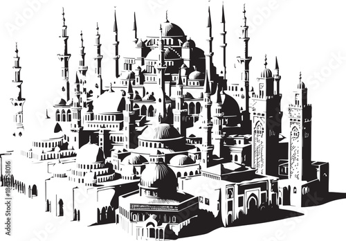 Detailed silhouette of a large historic mosque complex, intricate Islamic architecture with numerous domes and minarets for cultural and travel themes