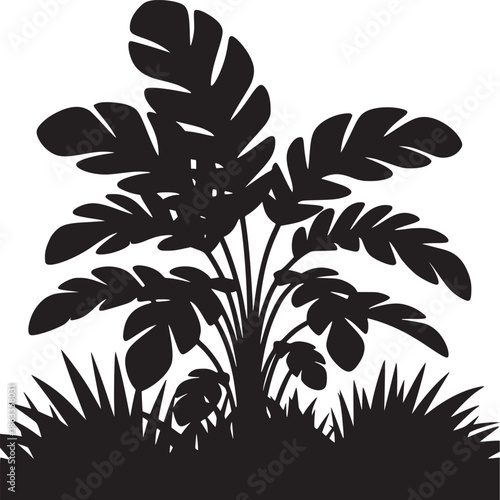 Silhouette of a tropical plant with large leaves and grass against a white background image art