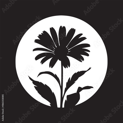A black and white silhouette of a flower with leaves inside a circle on a black background art