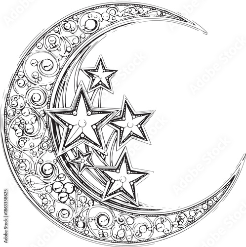 Ornate crescent moon line drawing with intricate floral and geometric patterns and stars, decorative Islamic art for coloring pages or festive greetings