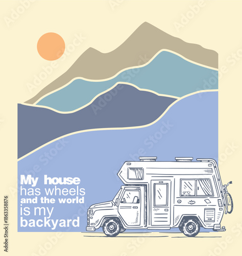 Illustration of a composition featuring a trailer, mountain range, and text alluding to an adventure trip.