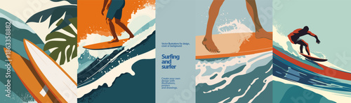 Stylish surfing vector illustration set with surfer riding ocean waves, surfboard details and tropical mood, perfect for summer sports posters, beach lifestyle designs and surf branding.