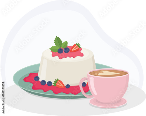 Still life illustration with berry panna cotta on blue plate and pink cup of cappuccino. Illustration with dessert and coffee
