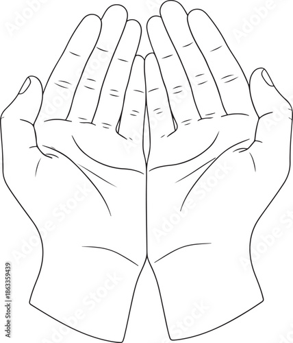 Minimalist Line Drawing of Open Hands in a Gesture of Prayer or Supplication, Symbol of Faith and Asking for Blessing