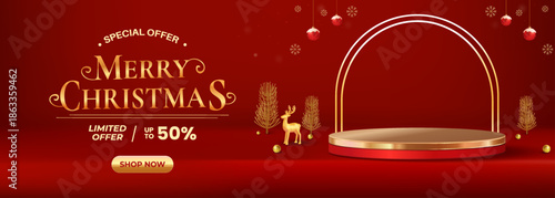 Merry Christmas Special Offer Golden Podium, Red Backdrop, And Festive Ornaments