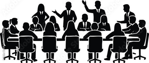 Business meeting illustration with diverse people in silhouette around a conference table representing teamwork and corporate strategy