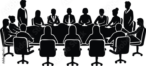 Silhouette of a business meeting around a conference table representing teamwork and corporate strategy isolated on white background