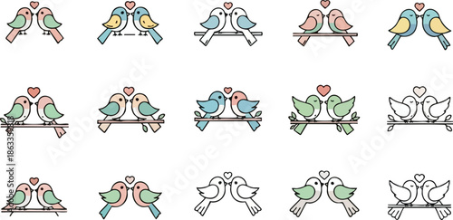 Collection of cute bird couple icons with hearts representing love and romance perfect for Valentines Day or wedding designs