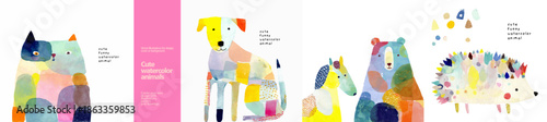 Whimsical collection of funny watercolor animal illustrations: cat, dog, bear, horse, and hedgehog. Features abstract, and playful designs for kids' art, nursery decor, and creative projects.