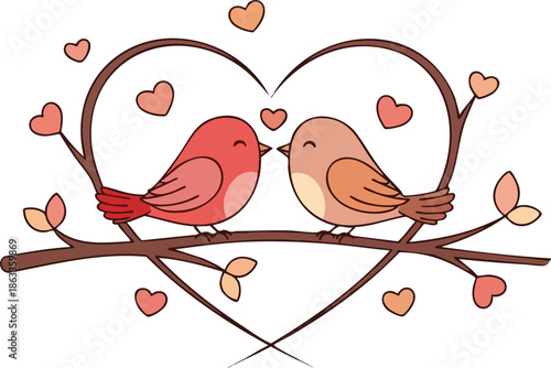Two cute birds on a branch forming a heart shape symbolizing love and romance perfect for Valentines Day or wedding invitations
