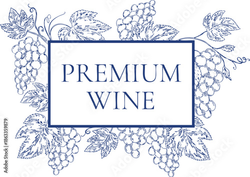 Elegant clipart frames with grape clusters and grapevine leaves in detailed line art style. Botanical borders perfect for wine labels, wedding invitations, packaging, menus, and vineyard branding