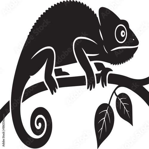 A black silhouette of a chameleon perched on a branch with leaves against a white background art
