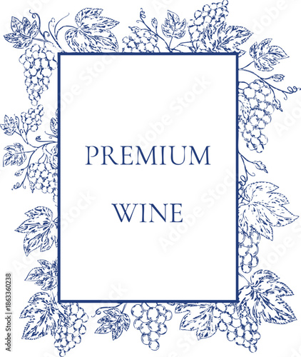 Elegant clipart frames with grape clusters and grapevine leaves in detailed line art style. Botanical borders perfect for wine labels, wedding invitations, packaging, menus, and vineyard branding