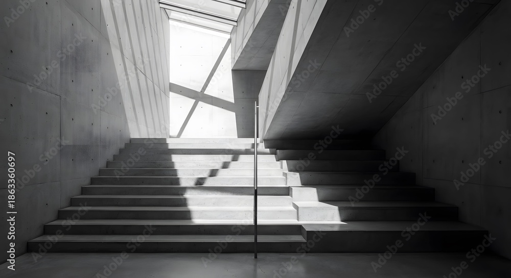 Fototapeta premium Architectural concrete stairs with strong light and shadow plays, creating a dramatic, minimalist, and brutalist aesthetic.