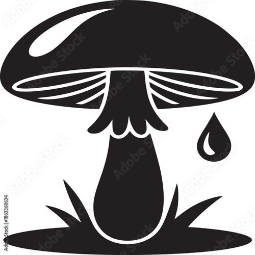 A black and white illustration of a mushroom with a single drop of liquid falling from its side view