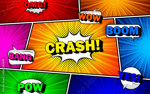 Comic books dialogue bubbles. Cartoon book superhero scrapbook page template, empty comical speech clouds, graphic art frame layout template.