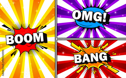 Comic book bubbles. Cartoon explosions funny comical speech clouds, comics words, thinking bubbles and graphic conversation text elements vector illustration set.