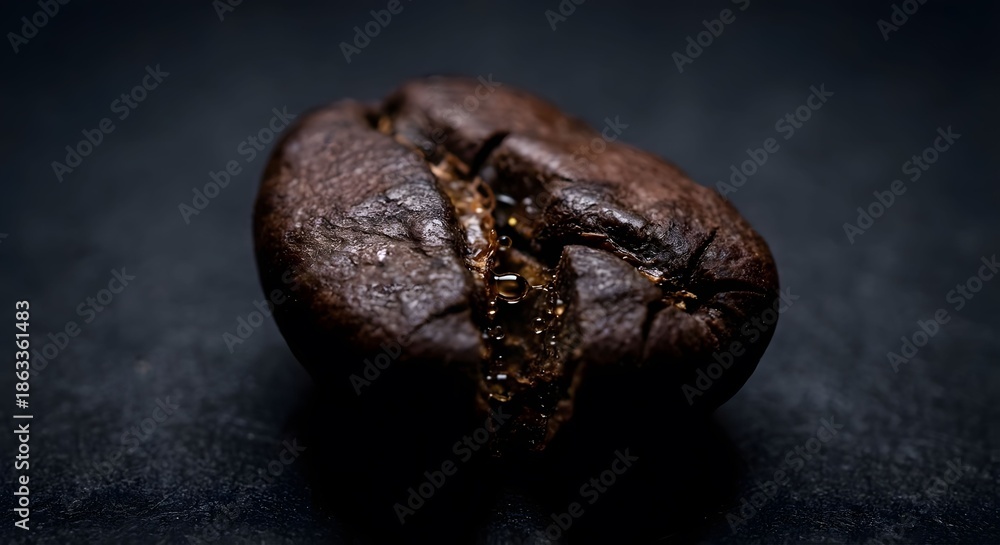 Obraz premium Macro shot of a dark roasted coffee bean with oil droplets, showcasing its rich texture and natural sheen on a deep black background.