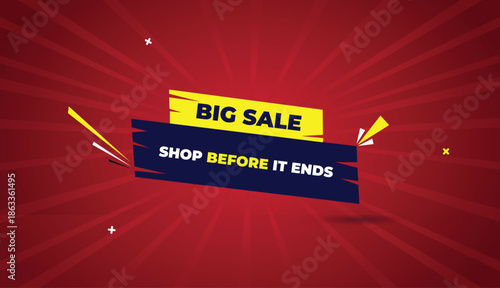 Big Sale shop before it ends web banner vector art template design badge icon label deep blue yellow shapes white bold text dark red light sun shine abstract business background blue yellow white bold