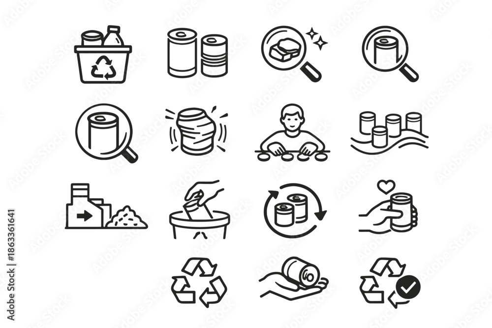Fototapeta premium Step crush set stream vector sorting metal material recycling icon can