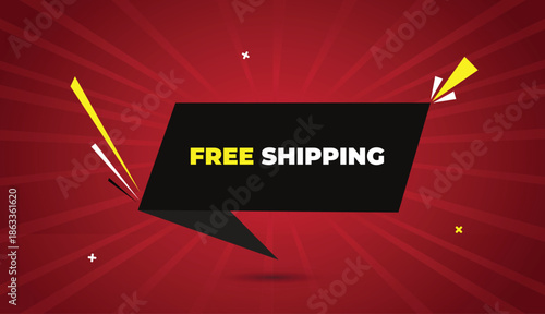 Free Shipping Web Banner Vector Art Template Design Badge Icon Label Black Gray Shapes White Yellow Bold Text Dark Red Light Sun Shine Abstract Business Background Creative Modern Stylish Graphic Illu