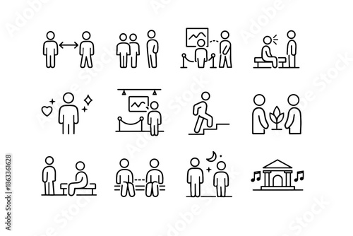 Crowd quiet vector comfort step awareness proximity visitor etiquette icons calm museum