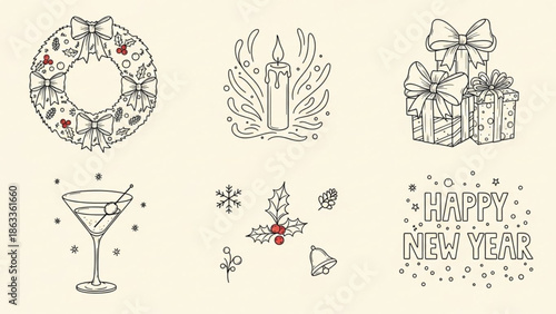 Hand Drawn Ink Christmas Posters and Retro Vintage New Year Doodle Set Vector Illustration