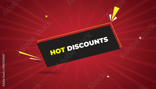 Hot Discounts Web Banner Vector Art Template Design Badge Icon Label Black Gray Shapes White Yellow Bold Text Dark Red Light Sun Shine Abstract Business Background Creative Modern Eye Catching Stylish