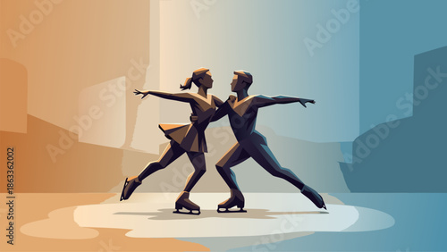 Dynamic Couple Figure Skating on Ice in Geometric Style Performance