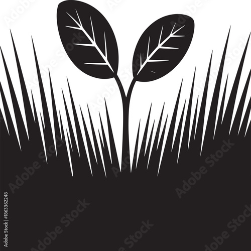 A minimalist black and white illustration of a seedling growing in a patch of tall grass design art