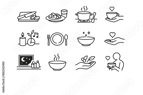 Routine cooking icons cue energy icon meal minimalist simple clarity vector kitchen