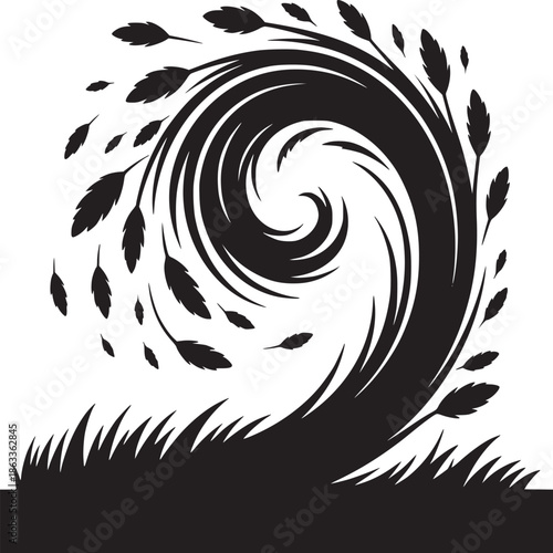 A swirling black and white design with leaves and grass in an abstract graphical representation